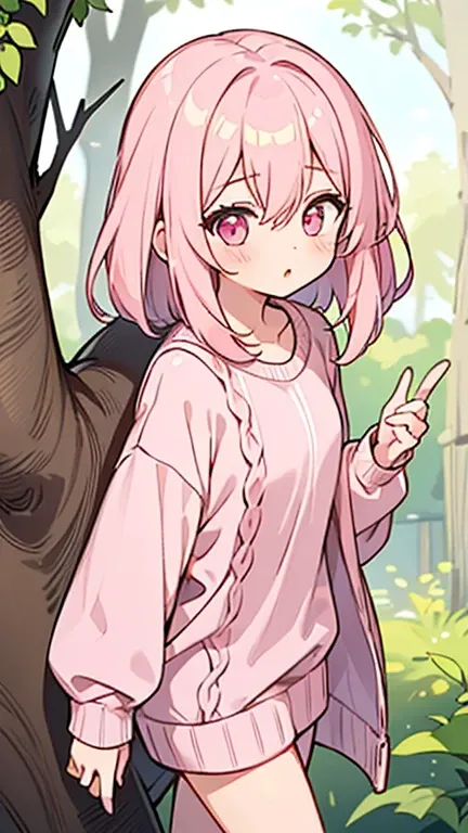 (( A girl with light pink hair and pink eyes)),(( Im wearing a white shirt )),(( Im wearing a pink wizard jumper thats not on a tree)),bangs, hair between eyes 