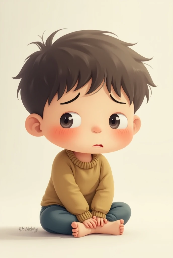 A chibi boy sitting with a disappointed expression on his face