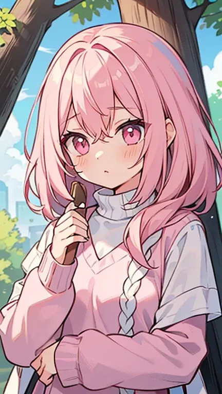 (( A girl with light pink hair and pink eyes)),(( Im wearing a white shirt )),(( Im wearing a pink wizard jumper thats not on a tree)),bangs, hair between eyes 