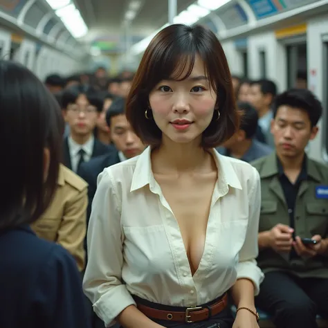 Realistic photos、(being molested)、(Boobs are exposed on a crowded train )、Japanese mature woman is looking at her breasts 、 The blouse worn by a Japanese mature woman is unbuttoned、((Big Breasts Exposed: 1.2))、(Shy Mature Woman )、 Audience Paying Attention...