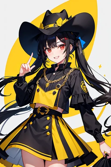 One beautiful girl　Black Hair　Black Hair　Long Hair　 Twin Tail　Red eyes　A sparkling smile　black and yellow cowboy clothes 　 black and yellow cowboy hat