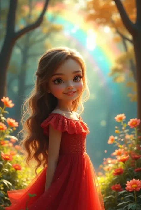 a girl with beautiful detailed eyes,beautiful detailed lips,extremely detailed eyes and face,longeyelashes,wearing a red dress,happy and smiling,in a beautiful forest with colorful trees and flowers,on a bright day with a large rainbow,(best quality,4k,8k,...