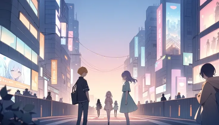 16:9, Create an anime-style scene inspired by the song "We Dont Talk Anymore." The setting is a city at twilight, with a soft, fading sunset casting a warm orange and purple glow. The central focus is on two characters—a young man and a young woman—standin...