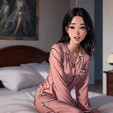 best quality, masterpiece, ultra high res, 8K, raw, (photo realistic:1.4), physically-based rendering, depth of field, looking at viewers, slender, (sitting:1.1), in the bed room, detailed beautiful face, 1 girl, cute, young, nose blush, big black eyes, op...