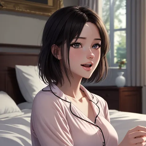 best quality, masterpiece, ultra high res, 8K, raw, (photo realistic:1.4), physically-based rendering, depth of field, looking at viewers, slender, (sitting:1.1), in the bed room, detailed beautiful face, 1 girl, cute, young, nose blush, big black eyes, op...