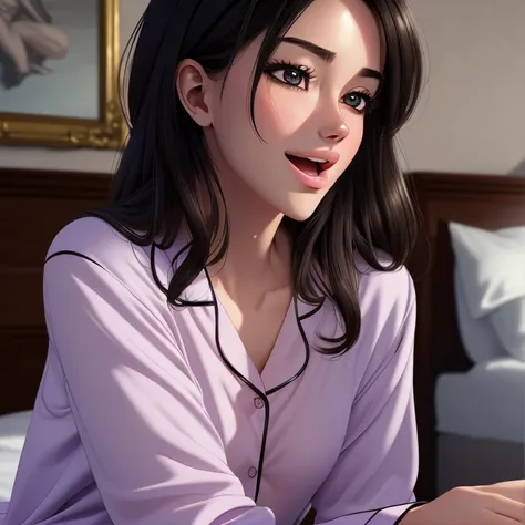 best quality, masterpiece, ultra high res, 8K, raw, (photo realistic:1.4), physically-based rendering, depth of field, looking at viewers, slender, (sitting:1.1), in the bed room, detailed beautiful face, 1 girl, cute, young, nose blush, big black eyes, op...