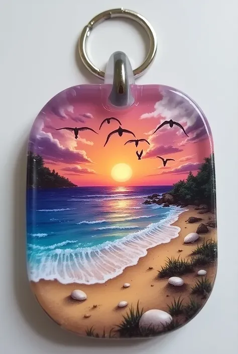 Creat a resin art keychain. On the upper half of the keychain add sunset  and some flying birds. On the lower half add beach 