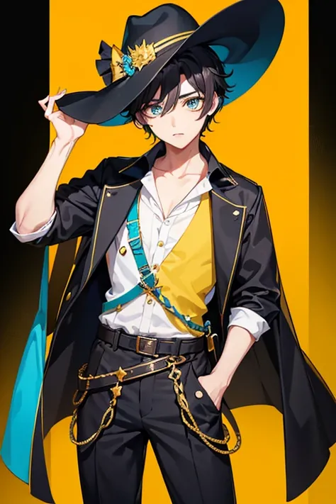 One beautiful boy　Baby Face　tall　Black Hair　Black Hair　Ahoge　Big eyes　Turquoise eyes　black and yellow cowboy clothes 　  black and yellow cowboy hat