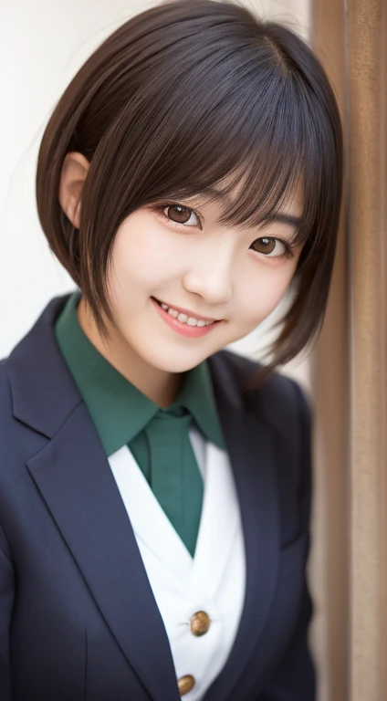 detailed face, detailed eyes,detailed lips, detailed eyes and face, cute smiling japanese teenager girl with bunches haircut, Japanese high schoo luniform, middle-length skirt, From head to thighs