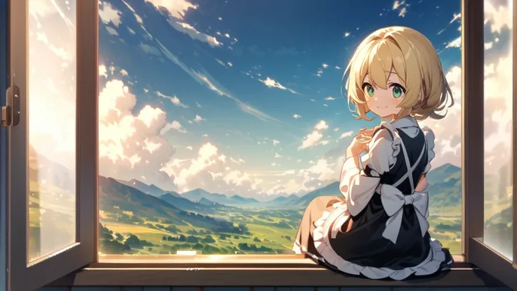 composition: A blonde maid sitting by the window、Smiling while looking out the window。A soft light shines on her from the window、A little pensive.。
Message location: Arrange it so that it blends in with the sky and clouds in the landscape outside the windo...