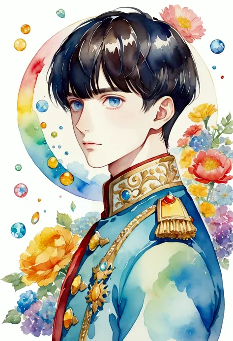 A watercolor painting of a boy holding a life-size roundglass piece reflecting a rainbow, royal Haute Couture， ((straight bangs)), gentle expression，uniform，redingote，young male, on a solid light pastelbackground, coat，A fleeting and memorable eye color, (...