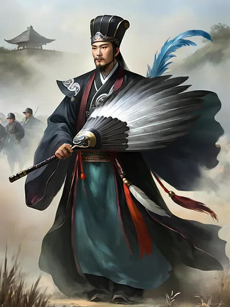 figure, masterpiece, man with a feather fan、 black hanfu, fabric hat,  full shot, on the battlefield