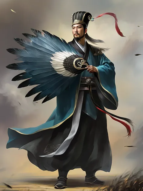 figure, masterpiece, man with a feather fan、 black hanfu, fabric hat,  full shot, on the battlefield