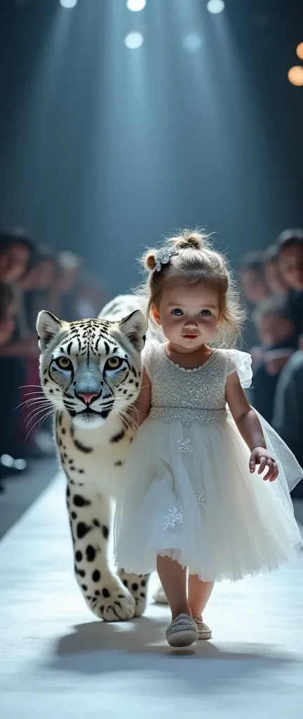 Baby Girl with a Snow Leopard
A baby girl gracefully walks down the runway next to a real, majestic snow leopard. Her outfit is a soft white and silver dress, with plush textures and fur accents that mirror the snow leopard’s thick, spotted coat. The leopard moves with quiet power beside her, its large paws barely making a sound on the runway, while the ’s dress shimmers under the lights. The realistic interaction between the girl and the snow leopard mesmerizes the audience, creating a stunning visual of elegance, wild beauty, and gentle power.