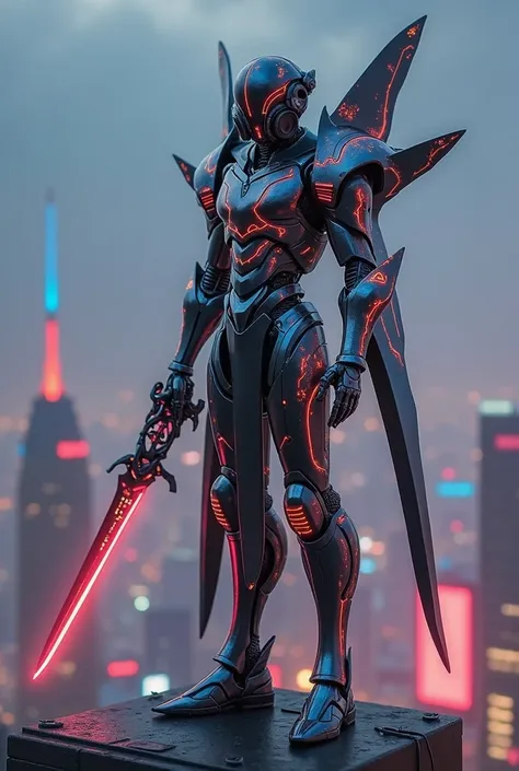 A slim,tall, armoured, robotic assassin with a circular head, wearing a gas mash, carrying a sharp sword and a dogger, cyberpunk style, with wing, showing the whole body including legs and Standing on a tall building Wearing multi-colored chrome armor Fash...