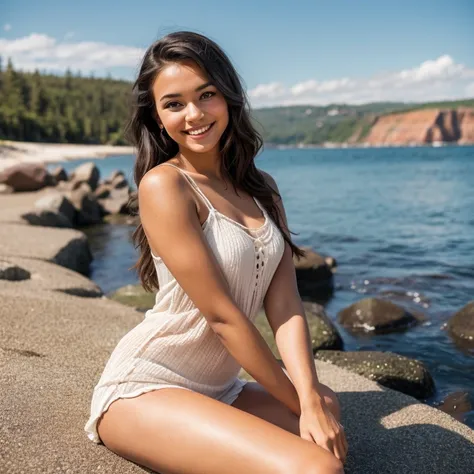 A cute young woman posing for a photo, typical of a MySpace post. She is smiling casually, with minimal makeup, on a pebble beach along Lake Superior on a summer day. The lighting is soft and natural