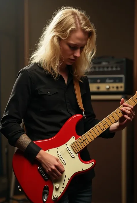 

 David Gilmour with his red Fender Stratocaster guitar,  his face is on the side of the blurry face image , Hes very young with blond hair and big and very long,  in the background of the image a very old guitar amplifier,a studio, Hes looking down with ...