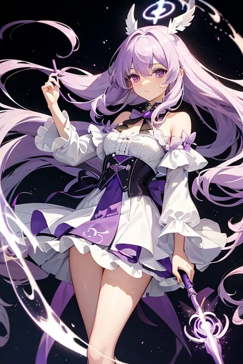 One beautiful girl　 light purple hair 　Loosely curled long hair　Purple eyes　Expressionless　Magical Girl　白と紫のMagical Girl服　Have a magic wand　purple and white magic stick　Cute walking stick