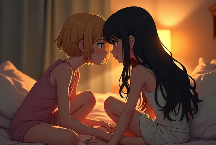 unusual angle, friends, a blonde girl with short hair, a girl with long dark hair, sitting on two separate beds and chatting, high detail, hyperrealism, 4k