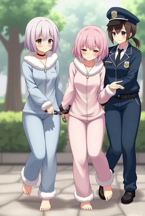  Two anime girls wearing fur pajamas ，Short hair with a little shorts at the back ，There is 1， The policeman put her in handcuffs and walked away ，barefoot， They were both handcuffed inside the park by a female police officer， The two female prisoners were...