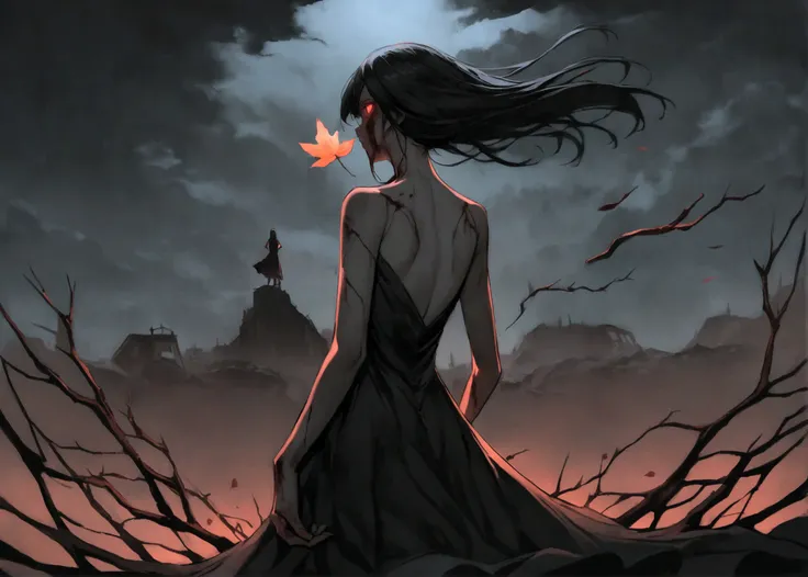 A very pal humanoid character, flying in the dark sky, she is evil, she is skinny, decay, red glowing eyes, fear, terror, frightening, sick, unusually thin, thin, she has long straight black hair, she is wearing a black dress, she is covered in dirt, her d...