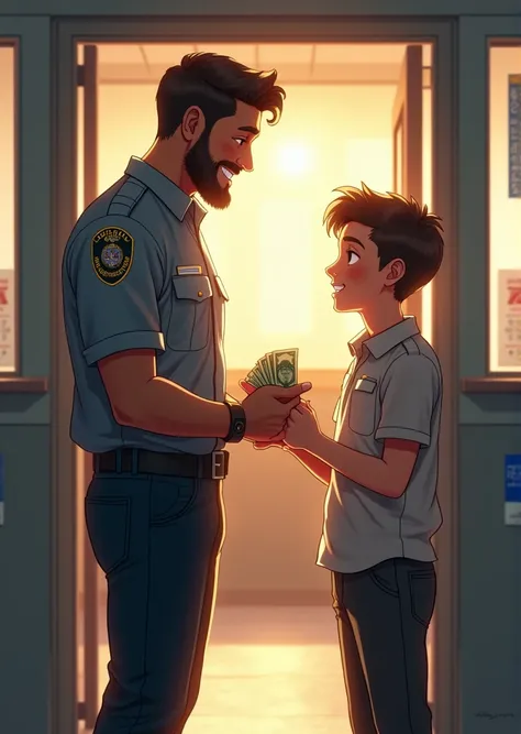 A man standing with a boy rewards him with money at the police station smiling