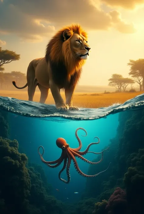 "A mighty lion roams the savannah, its golden mane shimmering in the sunlight as it commands respect from all creatures. Known as the king of the jungle, the lions powerful roar sends fear through the hearts of its prey. Meanwhile, an octopus glides throug...