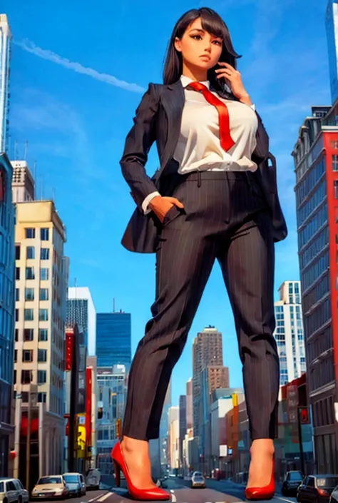 Highly detailed Giantess shot, Giantess, , multiple women who are miles taller than a skyscraper, big breasts, black pinstriped pants and white shirt, huge red tie, windsor knot, high heels, very small metropolis, miniature metropolis, crush the big city, ...