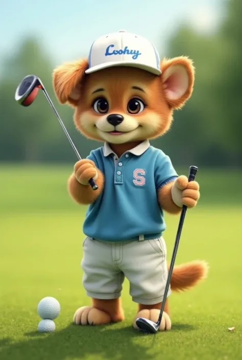 Ultra-realistic high image quality、Realistic photo quality 8k 。 wearing a pro golfers uniform、Stand like a human、Extremely realistic photo image of a super cute puppy hitting a golf ball with a golf club。