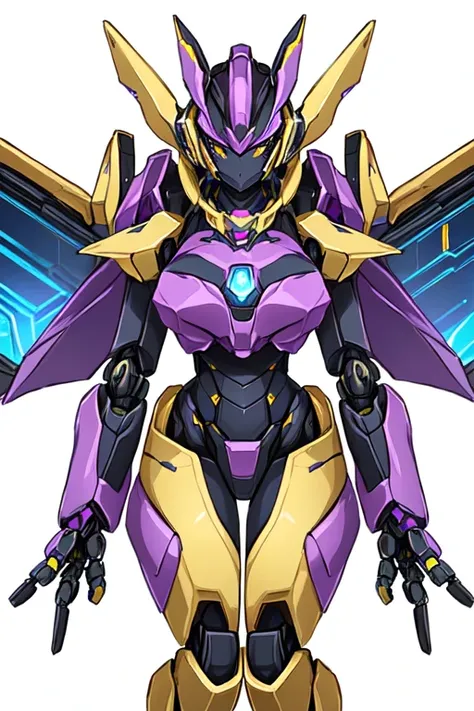 a close up of a robot with a purple and yellow costume, female mecha, anime robotic mixed with organic, robot mecha female dragon head, girl in mecha cyber armor, pterodactyl mecha, mechanized valkyrie girl, # mecha, eva unit 0 1, cool mecha style, fully r...