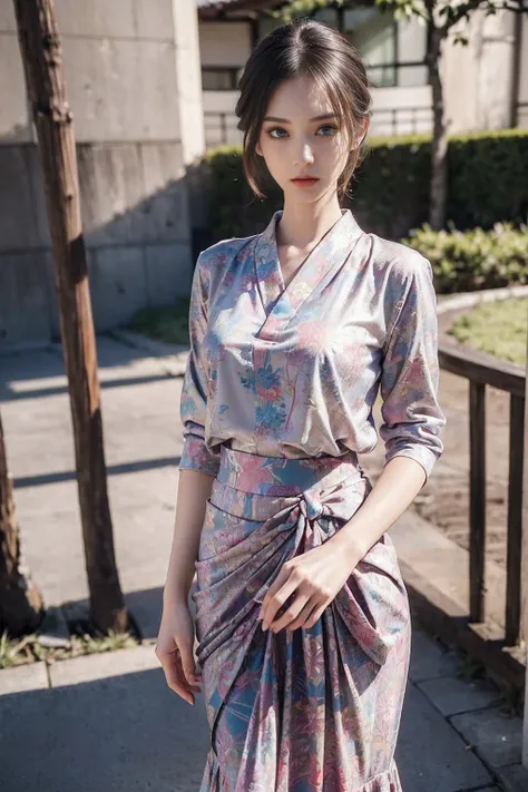 (32k, RAW photo, subtle-expressions, best quality, masterpiece:1.3), (realistic, photo-realistic:1.4), (slender lady: 1.5), (colorful outfit, patterned clothes, flared skirt, modern outfit: 1.2), (early morning: 1.0), (20s, Japanese woman: 1.1)