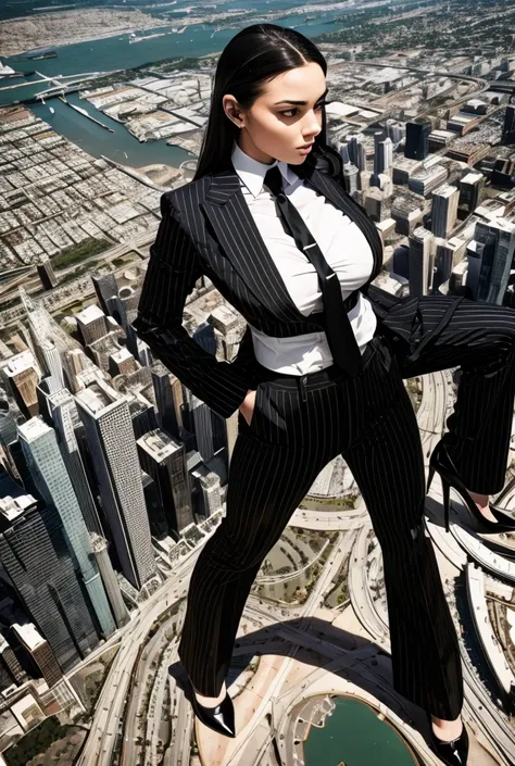 Highly detailed Giantess shot, Giantess, , multiple women who are miles taller than a skyscraper, big breasts, black pinstriped pants and white shirt, huge red tie, windsor knot, high heels, very small metropolis, miniature metropolis, crush the big city, ...