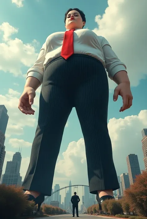 Highly detailed Giantess shot, Giantess, , multiple women who are miles taller than a skyscraper, big breasts, black pinstriped pants and white shirt, huge red tie, windsor knot, high heels, very small metropolis, miniature metropolis, crush the big city, ...