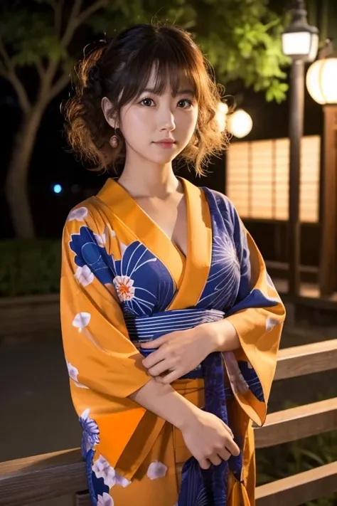  Japanese woman in her 20s　 cute and mysterious　Stand at an angle　 orange yukata 　30% of the chest is visible 　 is a loose, fluffy perm　Night Park　Multiple women