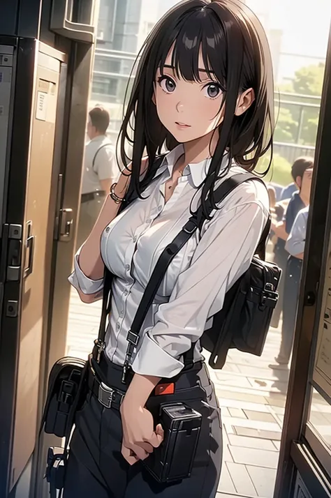 Woman in a suit, belt, Hands on back,  sweaty , suspenders,  black pants , Sexy, Large Breasts, see-through clothing, rain, Detective, Office Workers, White button-up shirt, (Best Quality,4K,8k, High Resolution ,masterpiece:1.2),Ultra-detailed,(Realistic,p...