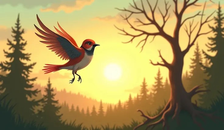 Bird Flying Away with Hope: After the tree is cut down, the bird flies off into the distance, looking toward the horizon where other green trees stand tall. Its eyes show a mix of sadness and hope for a new home. The sun is setting in the background, casti...