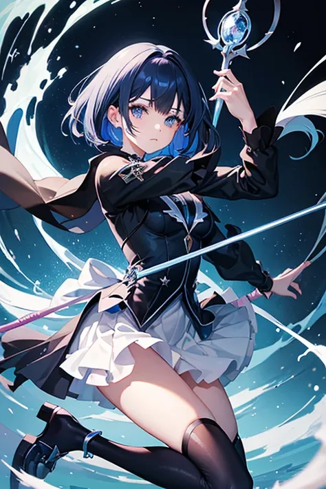 One beautiful girl　Navy Blue Hair　Bob Hair　Blue eyes　Staring Painfully 　Fall into Darkness　Magical Girl　黒と青のMagical Girl服　 Magic Wand 　 Black and Blue Magical Stick　Cute walking stick