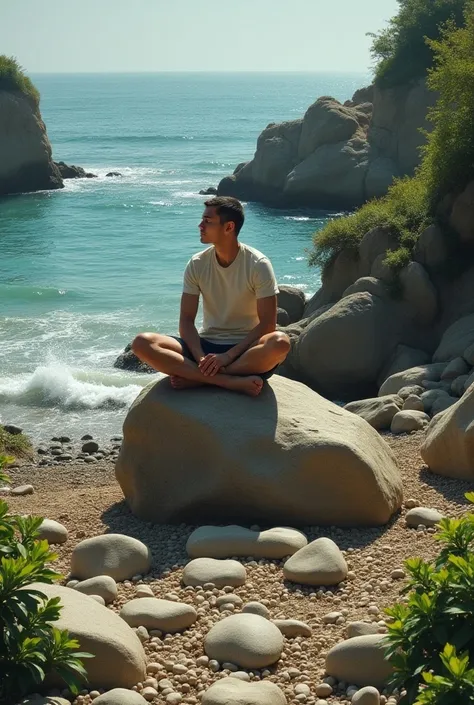 Aman sitting in a rock ina beach with full of stones and plants 