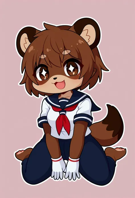 girl, tanuki, furry, bodyfur, tail, school uniform, sailor suit, jersey pants, long pants, white gloves, barefoot, chibi, sparkling eyes, happy, full body, school, kneeling