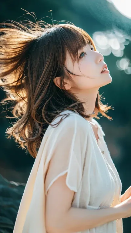 ((Hair blowing in the wind、No makeup:1.2))、(Realistic、Realistic、  very detailed、  Best Detailed Skins、Best Quality、masterpiece、 Super A High Resolution )、 Cute Japanese Woman 、(whole body)、、  young woman android  、1 girl、City of the near future、With bangs、...