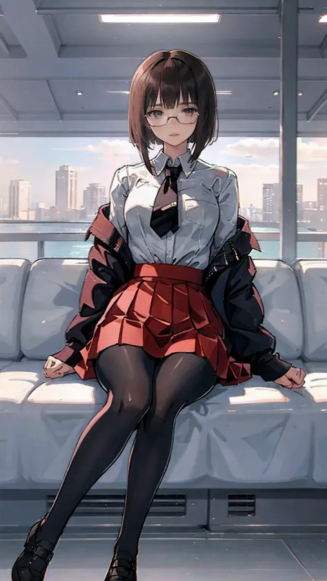 an anime girl with Glasses and a skirt sits on ground and poses, 1 girl , Alone, skirt, Have, shirt, white shirt, pantyhose, Red eyes, Glasses, Black Hair , shoes, red skirt, Check pattern skirt, Viewers, Open clothes, Check pattern, collared shirt, , Long sleeve, Mouth closed, Sitting, black pantyhose, indoor, bangs, short hair, 黒縁Glasses, Brown Jacket, Off the shoulder,Add XL @Sparkling
