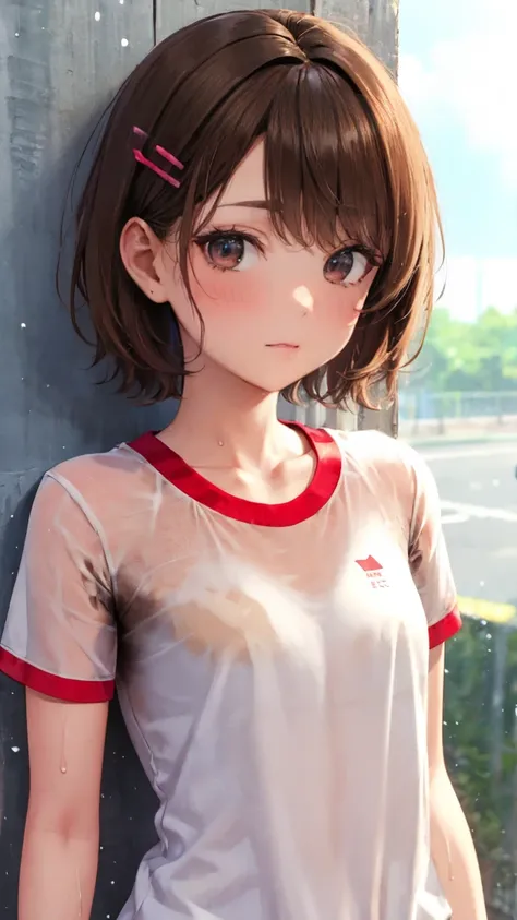 At school, Junior high school students、Physical education class、Realistic、、 cute girl ,  light brown hair、 short hair,  hairpin、Gym clothes、 white t-shirt,  Super detailed, 4K、((sweat))、Body odor、Wet Skin、An innocent smile