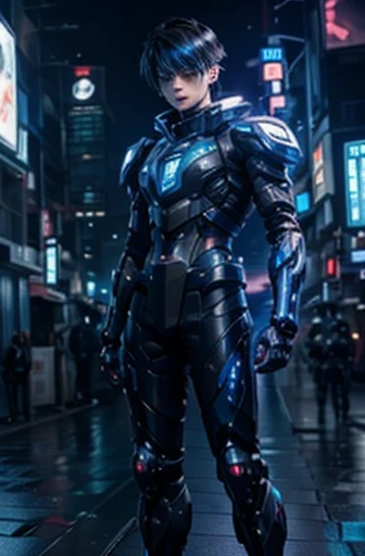  Texture、Future City、whole body、anime boy in futuristic costume with blue eyes and dark hair, Cyberpunk Anime Boy,   boy equipped with mecha cyber armor   .