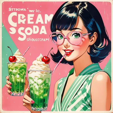 a close up of two drinks with ice cream and a cherry on top. 1960s, japanese retro style. retro style art, retro poster. Showa Retro. Cream soda retro advertisement, clear green cream soda and clear pink cream soda in retro glasses.