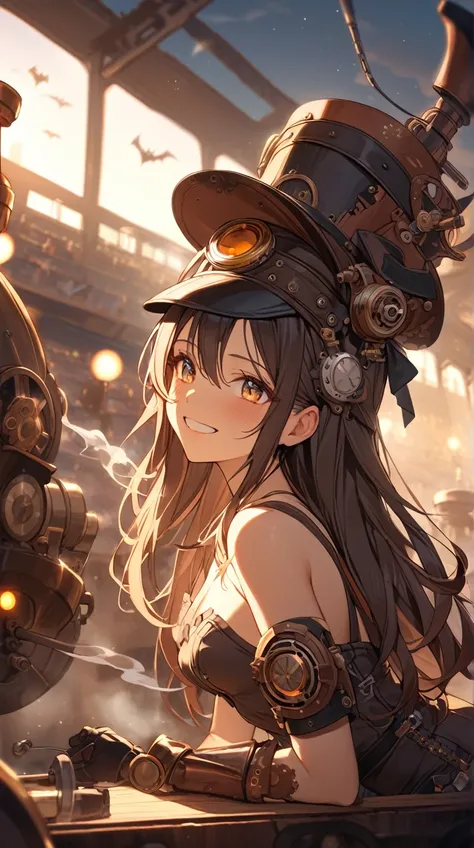 1 girl, A charming smile, Bright Eyes,  Long Straight Hair,  Steampunk Caps, Special Bats ,  Active Posture , Healthy Skin, Small breasts,  Mechanical Decorations ,  
break,  
Dusk Stadium , ( Soft Lighting:1.2), Warm Tones, Calm shadows,  Romantic Vibe , ...