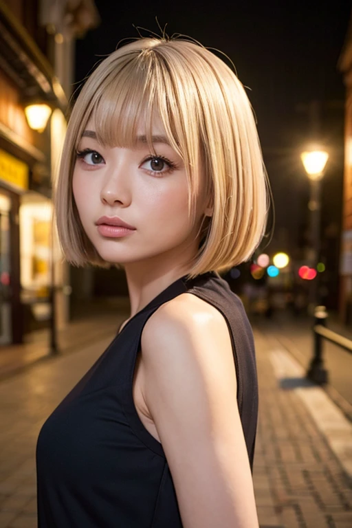 woman、20 years old、Twenty years old、Blonde Bob Cut、With bangs、Northern European features、It is equipped with metal claws like a rake on the back of the hand、Muscular、Realistically、Best Quality、masterpiece、The background is a night city、