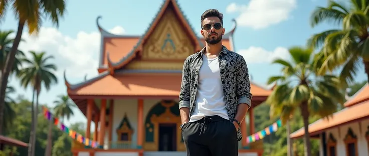 "A man standing confidently outdoors in front of a traditional building adorned with colorful prayer flags. He is wearing sunglasses, a white tank top, and a patterned black and white shirt, with black jogger pants. The scene is bright, with lush greenery ...