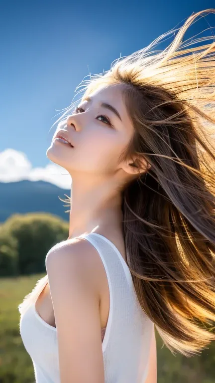 ((Hair blowing in the wind、No makeup:1.2))、(Realistic、Realistic、  very detailed、  Best Detailed Skins、Best Quality、masterpiece、 Super A High Resolution )、 Cute Japanese Woman 、(whole body)、、  young woman android  、1 girl、City of the near future、With bangs、...