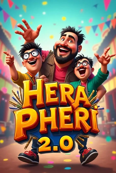 create a logo for Instagram profile picture with title “HERA PHERI 2.0”, carnival theme and bright colors, characters of Hera Pheri movie