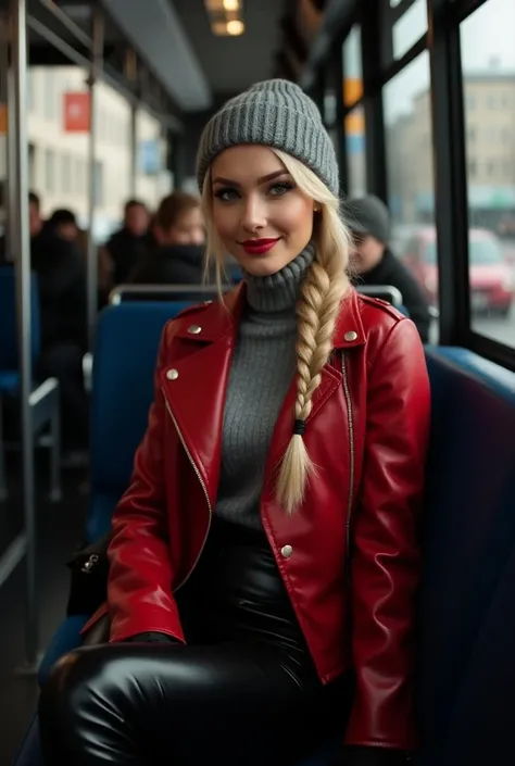 professional photograph. (full body view). A young, athletic Russian woman. slavic facial features.  large breasts. natural gold blonde hair braided up and tucked in under grey knitted wool cap. ((heavy black eyeliner)). glamorous eyelashes. glossy wine re...